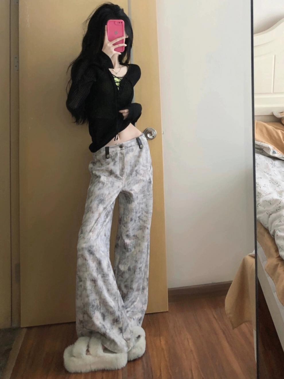 American Retro Tie-Dye Print Casual Wide-Leg Jeans for Women Loose High-Waist Draped Floor-Length Pants Summer Hot Sale