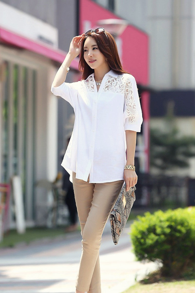 Foreign Trade Southeast Asia Plus Size Fat MM Chiffon Blouse Lace Blouse Loose Five-Quarter Sleeve Short Sleeve Shirt Southeast Asian Style