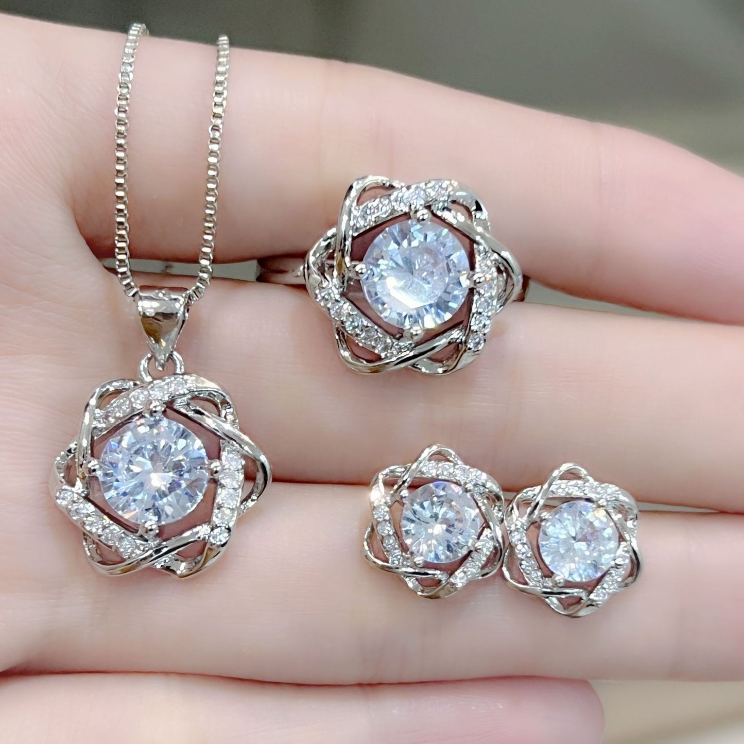 TikTok Live Full Diamond Hexagram Ring Earrings Pendant Necklace18K Gold Rotating Windmill Diamond Ring Jewelry Set