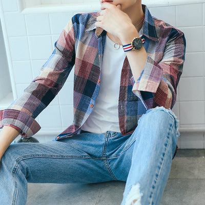 2025Plaid Long Sleeve Shirt Men Korean Version Slim Fit Youth Trendy Handsome Shirt Couple Casual Thin Shirt