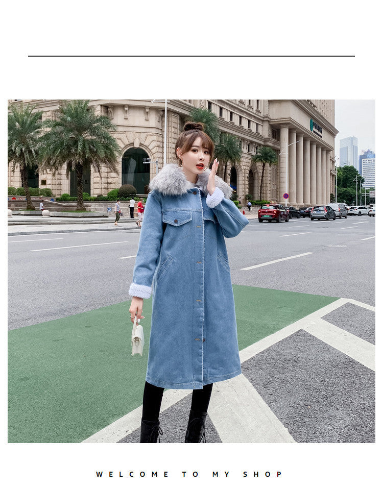 2022Winter New Mid-Length Large Fur Collar Fleece-Lined Lamb Wool Denim Jacket for Women Loose Casual Cotton Coat