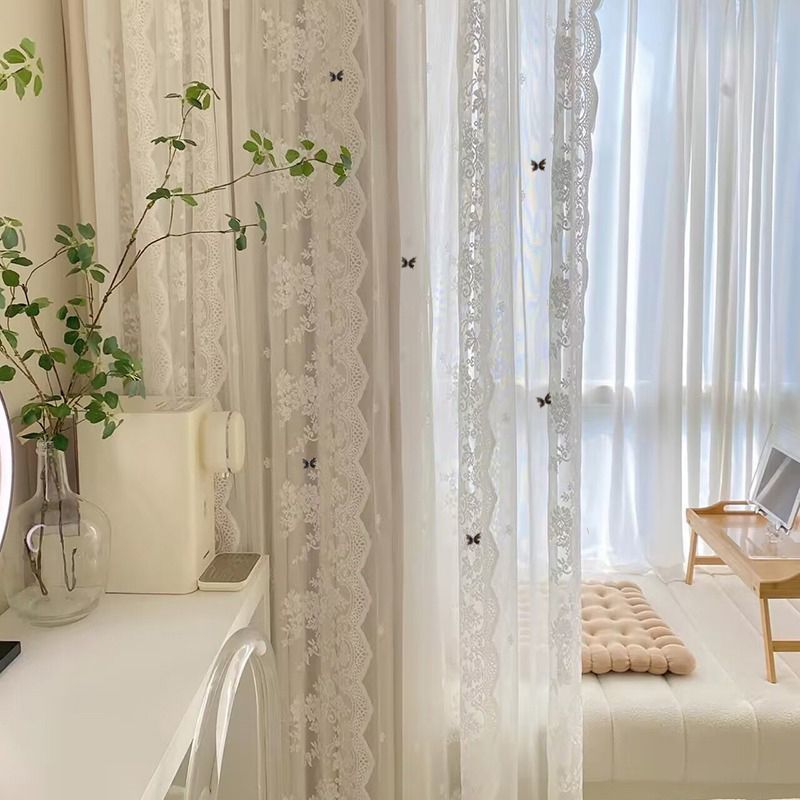 New Cream Style Curtains Cozy Bedroom Blackout Lace Double Layer Fabric Sheer Integrated Bay Window Floor-to-Ceiling Thickened High-End