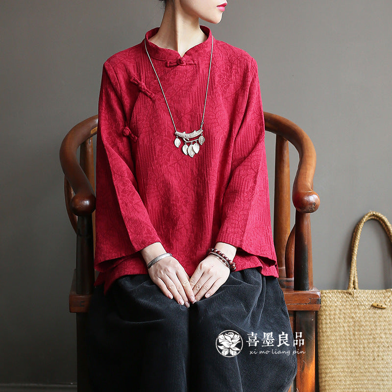 8813Xi Mo Women's Clothing Republic of China Retro Artistic Spring and Autumn New Double Layer Jacquard Button Shirt Chinese Style Short Top