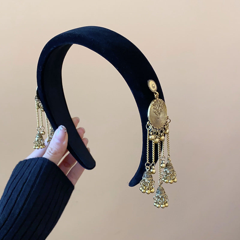 Ethnic Style Velvet Bell Tassel Headband New Chinese Style National Trend High Skull Top Headband Niche High-end Retro Hair Accessory