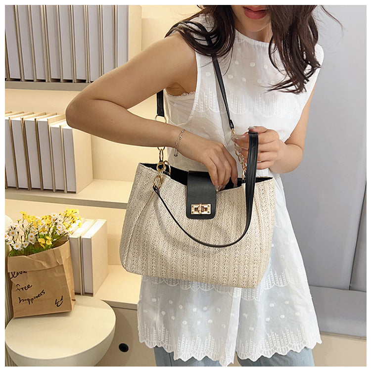 2025Women's Spring New Small Chanel Style Bag for Work Commute Versatile Straw Woven Large Capacity Wide Shoulder Strap Women's Single Shoulder Bag