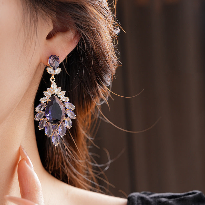 Medieval vintage Zircon Earrings Silver Needle Exaggerated Heavy Craft Flower Water Drop Studs Light Luxury High-end Feel Earrings for Women