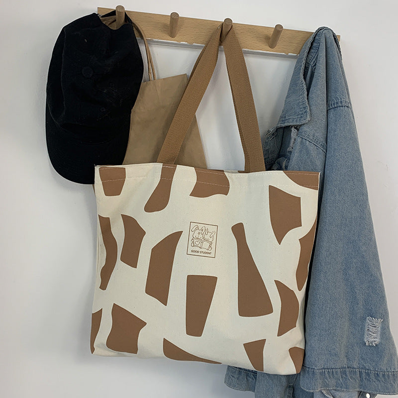 Canvas bag for women, single shoulder, suitable for college students to carry books ins Korean Style Zippered Artistic Design Handheld Canvas Bag