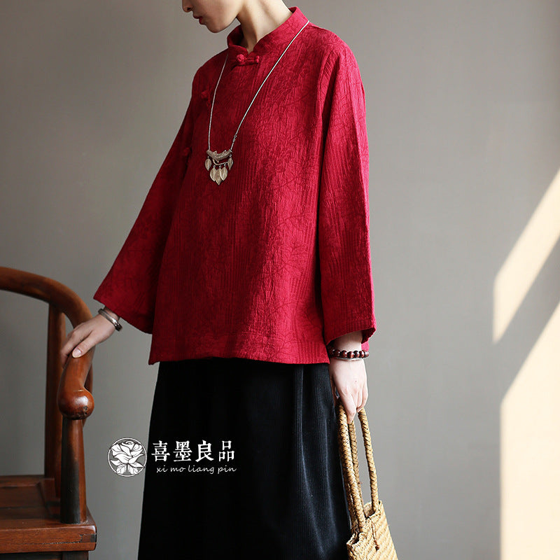 8813Xi Mo Women's Clothing Republic of China Retro Artistic Spring and Autumn New Double Layer Jacquard Button Shirt Chinese Style Short Top