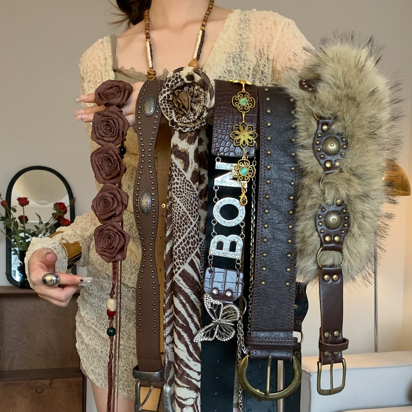 Vintage Western Style Brown Studded Belt for Women, Niche Design Flower Waist Rope for Dresses and Jeans, Waist Cincher Accessory