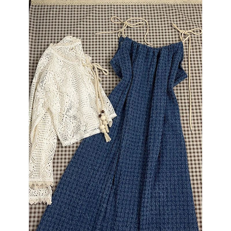 Sweet Style Irregular Denim Strap Dress Set for Women with Tassels a Long Skirt Thin Hollow Knit Cardigan
