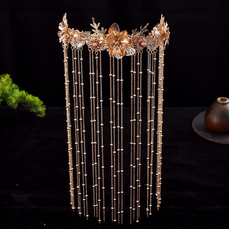Bridal Hair Accessories Set Tiara Versatile Qing Dynasty Style Xiuhe Costume Crown Veil Hair Accessories Makeup Gold