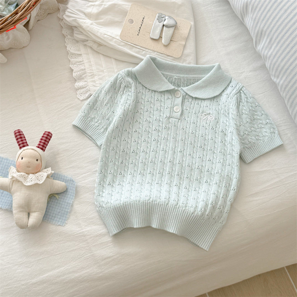 Sweet Little Sister New Summer Outfit Korean Style Girls' Clothing Bow Collar Short Sleeve Stylish Fashionable Super Cute Knitted Sweater Trendy