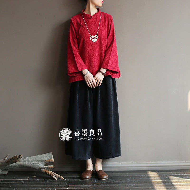 8813Xi Mo Women's Clothing Republic of China Retro Artistic Spring and Autumn New Double Layer Jacquard Button Shirt Chinese Style Short Top