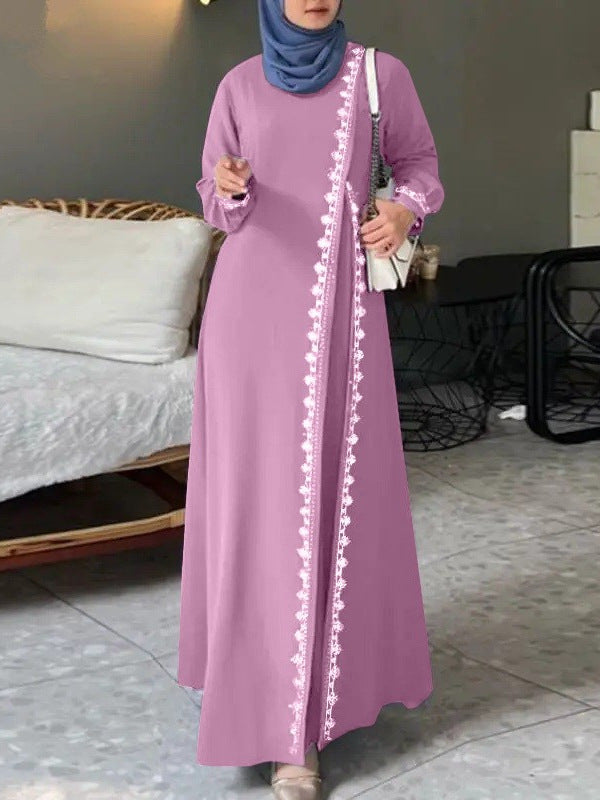 H726#Muslim Women's Clothing Lace Long Robe Dress Fashion Long Sleeve Vest Women's Spring Casual Dress