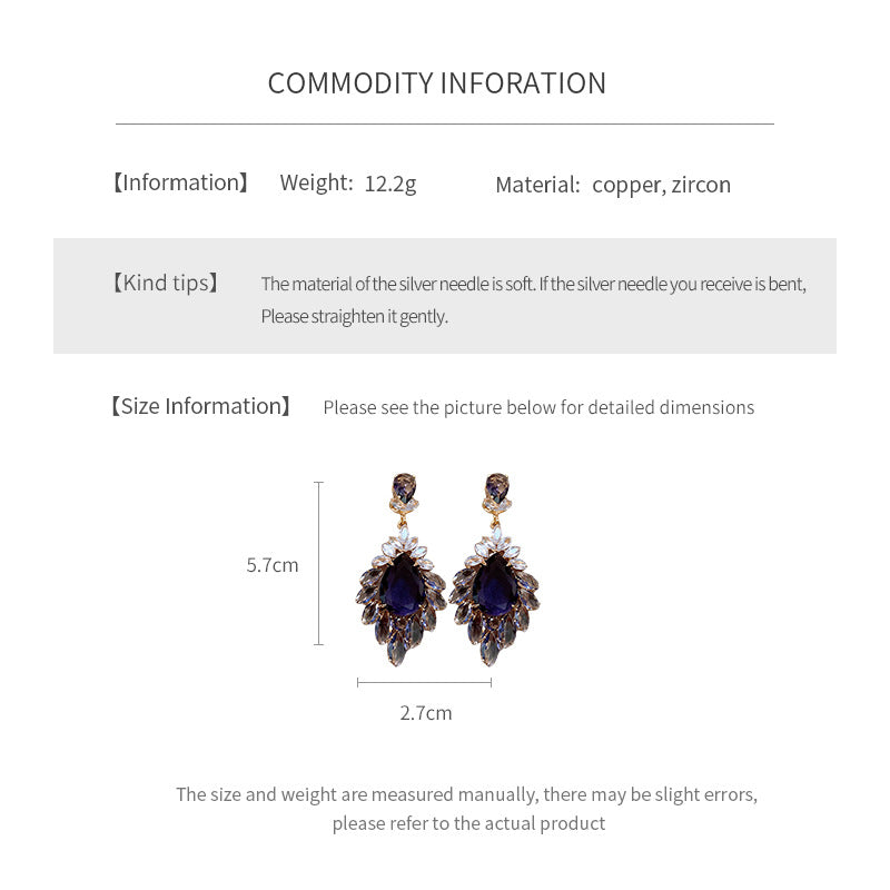 Medieval vintage Zircon Earrings Silver Needle Exaggerated Heavy Craft Flower Water Drop Studs Light Luxury High-end Feel Earrings for Women