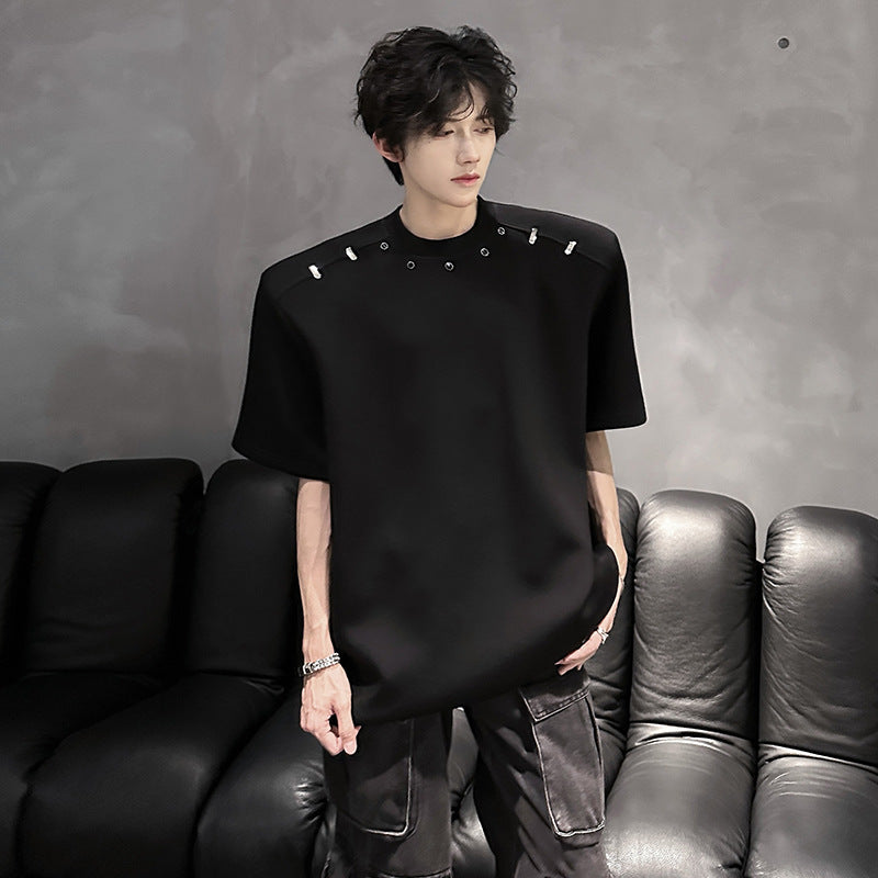 2025High-end Stylish Padded Shoulder Short Sleeve T Men's Summer Shirt with Unique Metal Decoration Design Heavyweight Top t T-shirt