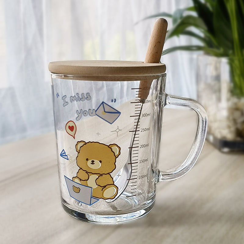 ins Glass Cup with Straw Milk Breakfast Cup Cute Cartoon Graduated Cup with Lid Spoon Gift Customization logo