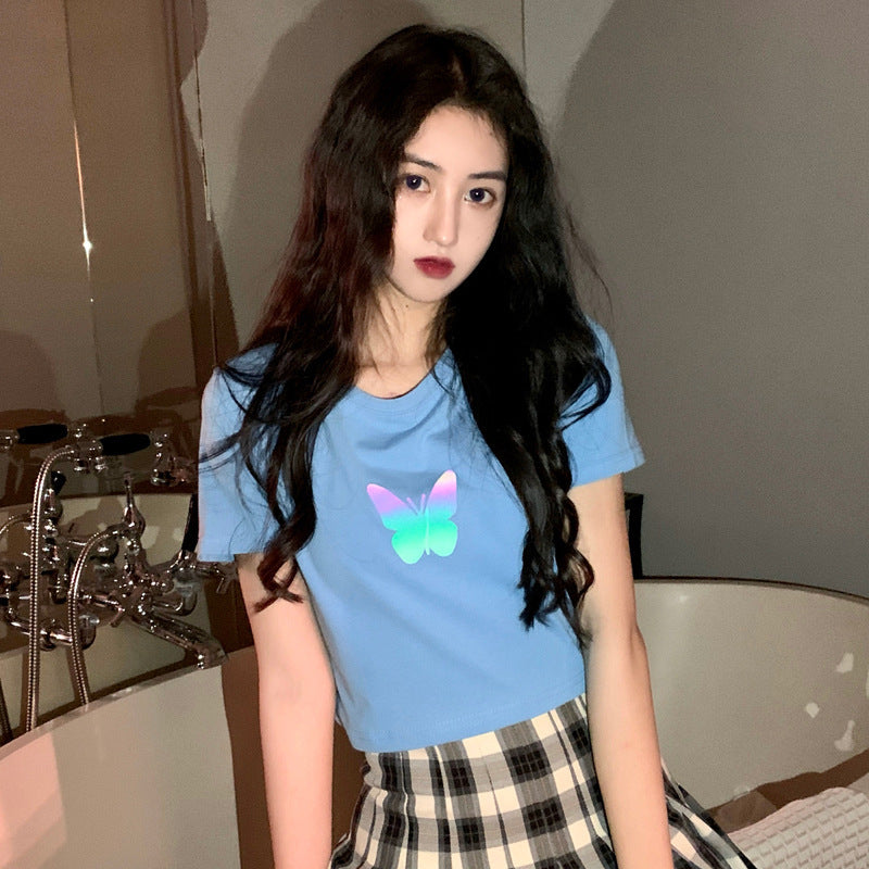 Summer2025New Year's Trendy Internet Celebrity Couple Outfit Reflective Butterfly Short Sleeve t Women's Summer T-shirt ins Super Popular Short Top