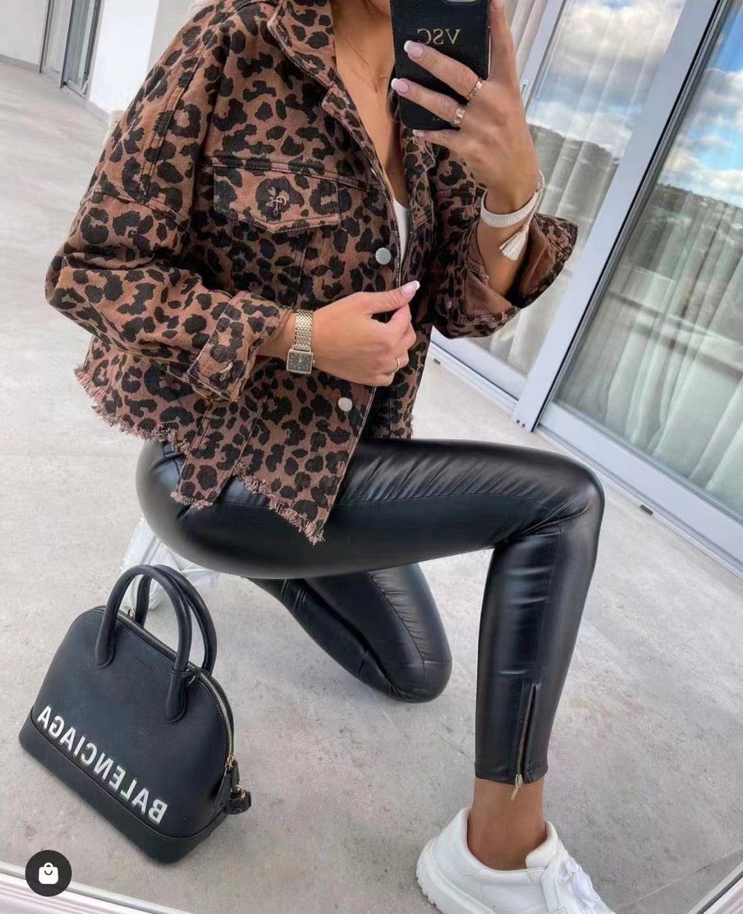 2024Amazon European and American Cross-Border Hot Trendy Washed Vintage Leopard Print Frayed Denim Jacket for Women