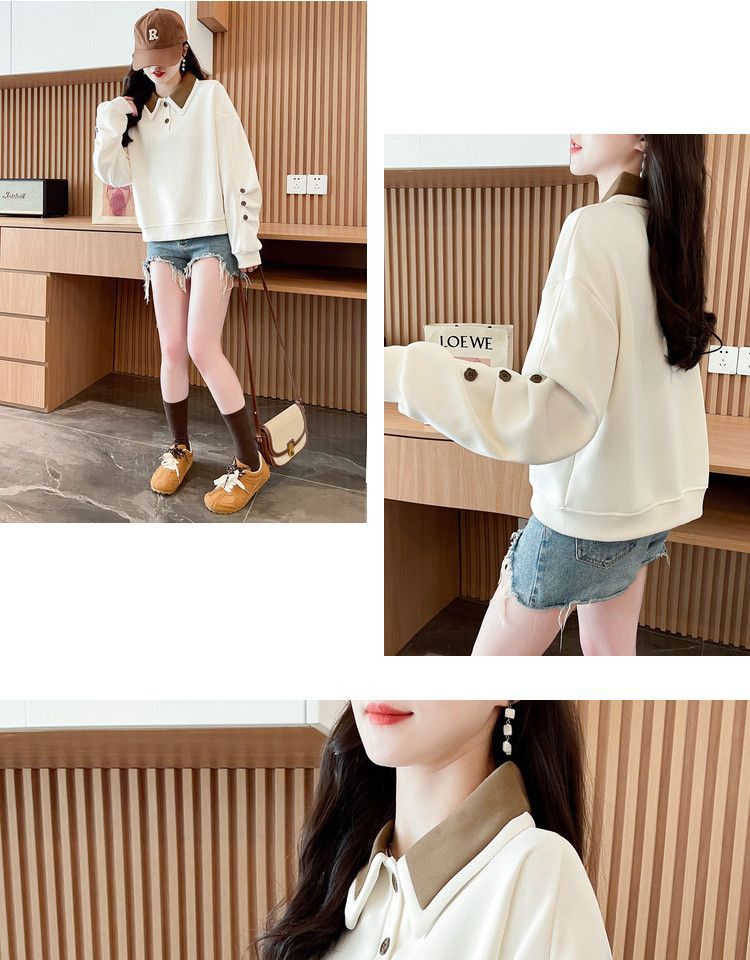 Contrast Color polo Women's Spring and Autumn Thin Sweatshirt2025New Loose Fit Short Design Top for Petite Figures