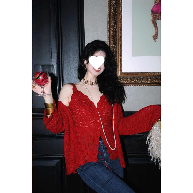 French Style Three-Dimensional Slight Flare V Women's Fashion Collar Suit2025Autumn New Camisole Jacquard Cardigan Two-Piece Set