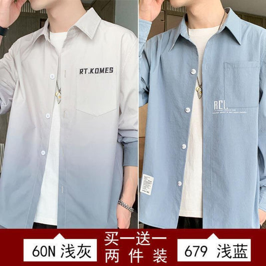 Gradient Long Sleeve Shirt for Men, Spring and Summer Loose Thin Jacket, Korean Style Trendy Casual ins Fashion Brand Sunscreen Shirt