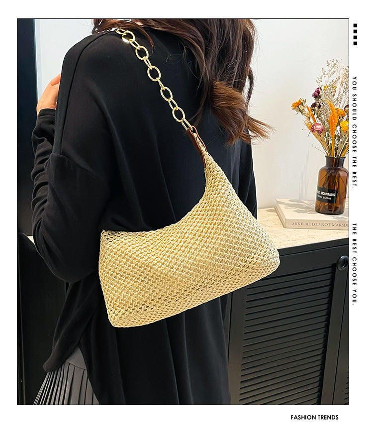 South Korea ins Vintage Woven Tote Bag Straw Bag Large Capacity Underarm Bag Shoulder Bag Vacation Style Beach Bag for Women