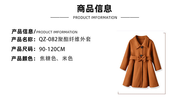 Cross-Border E-commerce Children's Coat Autumn Girls' Bow Thickened Korean Style Mid-Length Woolen Coat Manufacturer Wholesale