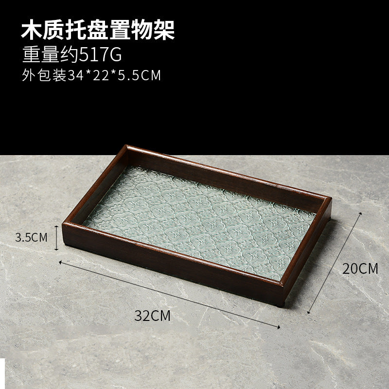 Begonia Embossed Glass Tray Walnut Color Rectangular Tea Tray Storage Ornaments Tea Water Cup Fruit Snack Plate