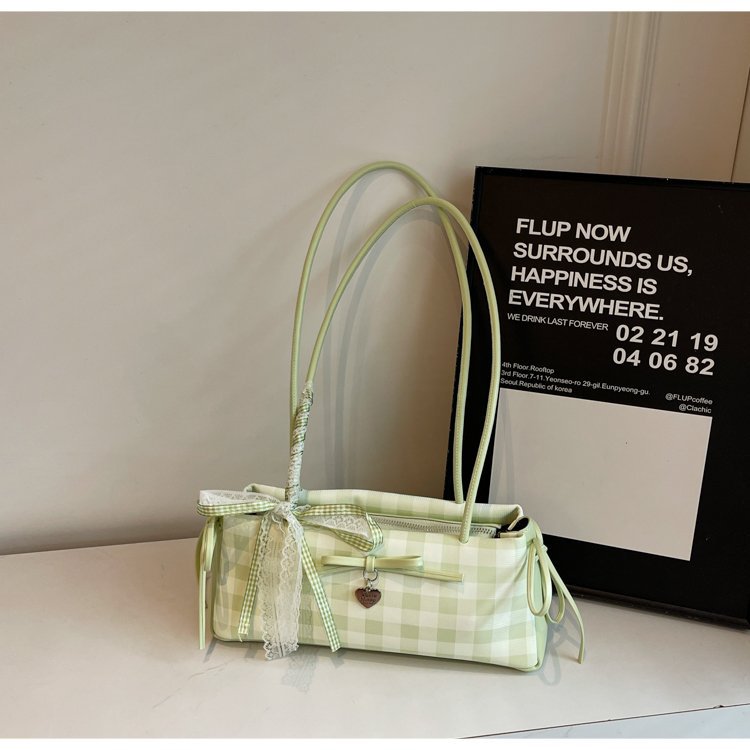 Dopamine Plaid Handbag Small Tote Bag for Women Summer2025New Ballet Style Bow Baguette Bag Underarm Bag Trendy