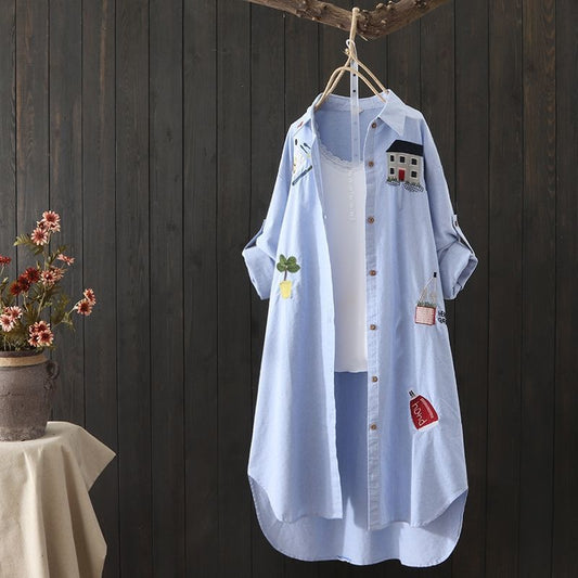 In Stock Japanese and Korean Style Spring Summer Two-Way Cotton Shirt for Women Loose Mid-Length Top Artistic Embroidery Short Sleeve Jacket