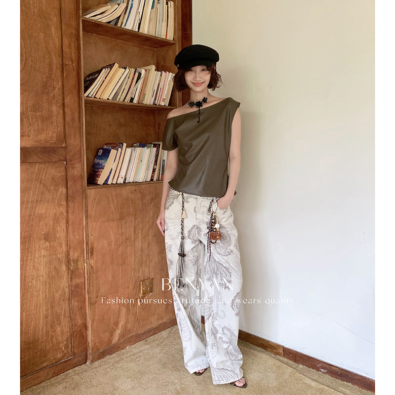 Original text Thirteen Lines Autumn Loose Retro Print Versatile Casual Jeans for Women【Includes Waist Belt】82285