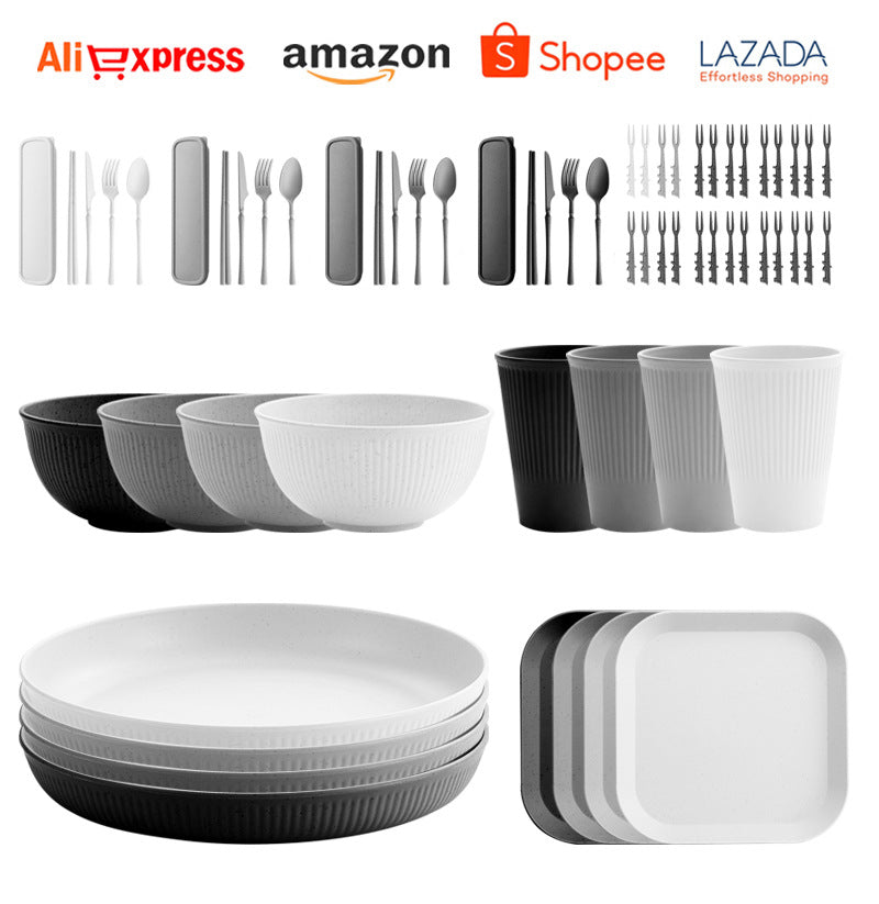 TEMU Amazon Wheat Straw Plate Bowl Cup Tableware Set Household Dining Plate Rice Bowl Water Cup Tableware Set Eco-friendly
