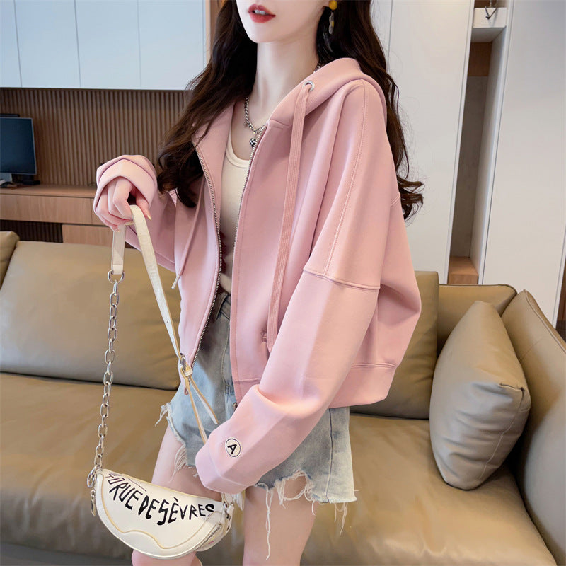 Spring and Autumn Short Hooded Sweatshirt Jacket for Petite Women, New Thin Loose Stylish Zipper Cardigan for Autumn and Winter