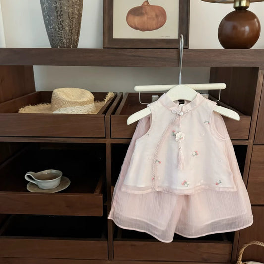 Sweet Little Girl Summer Outfit New Baby Chinese Style Top Wide-Leg Pants Summer Fashion Chinese Two-Piece Set