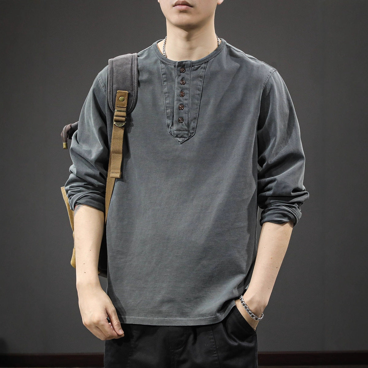 2025New casual men's pure cotton long sleeves t Loose Thin Spring Autumn Trendy Brand Henley Collar Base Shirt Sweatshirt