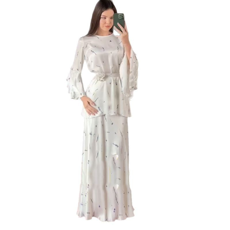 2025New European and American Amazon Cross-Border Women's Fashion Round Neck Printed Long Sleeve Floral Skirt Two-Piece Set
