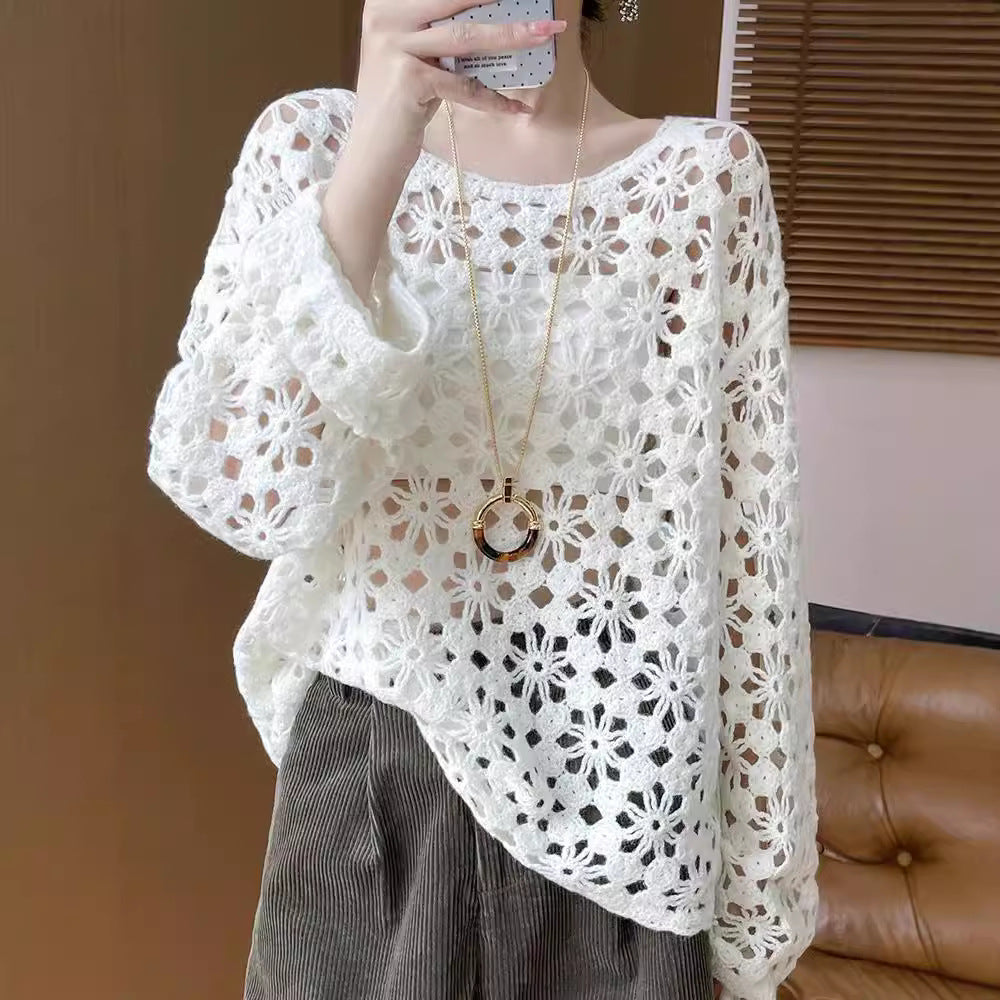 Early Autumn Crochet Hollow Solid Color V Lazy Style Soft Wool Knitted Pullover Top Slimming