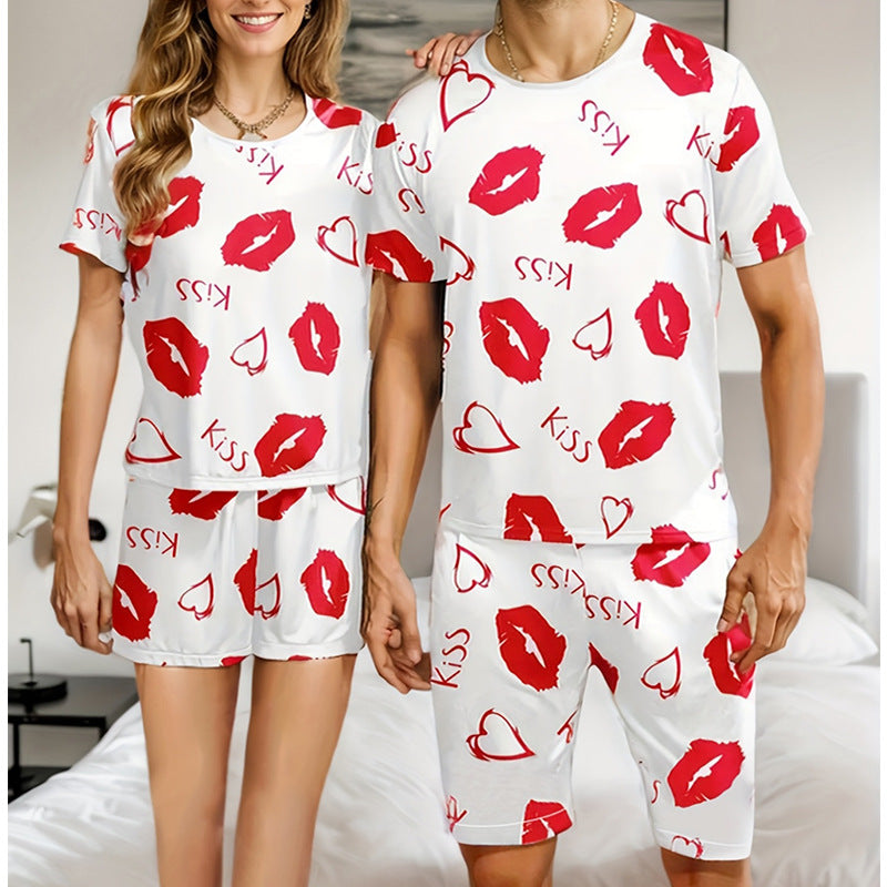 Cross-Border Delivery2025New Summer Men's and Women's Shorts Casual Kiss Print Couple Set Loungewear
