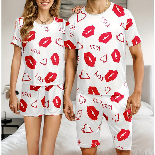 Cross-Border Delivery2025New Summer Men's and Women's Shorts Casual Kiss Print Couple Set Loungewear