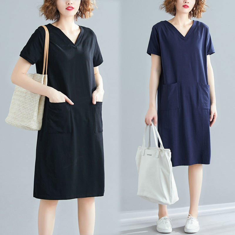 Plus Size Women's Summer Loose Korean Style Mid-Length Dress T Shirt and Skirt for Plus Size mm Solid Color V Collared Slimming Short Sleeve Dress