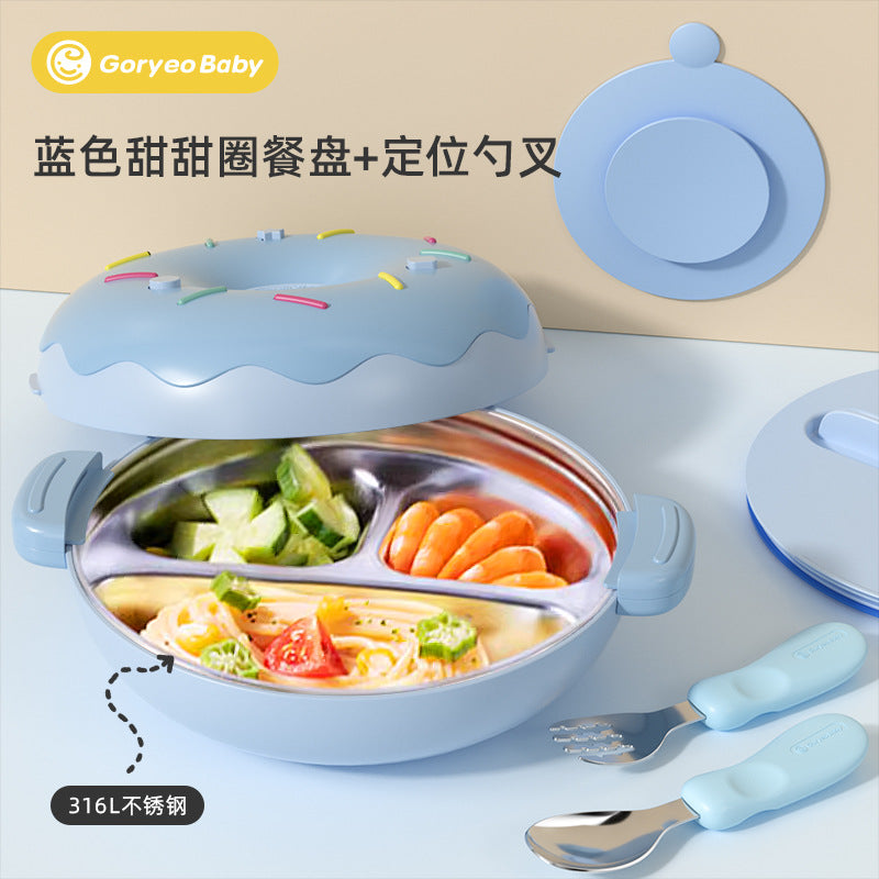 goryeobaby Children's Stainless Steel Plate Baby Suction Bowl Water-Insulated Bowl Baby Divided Plate Baby Food Utensils