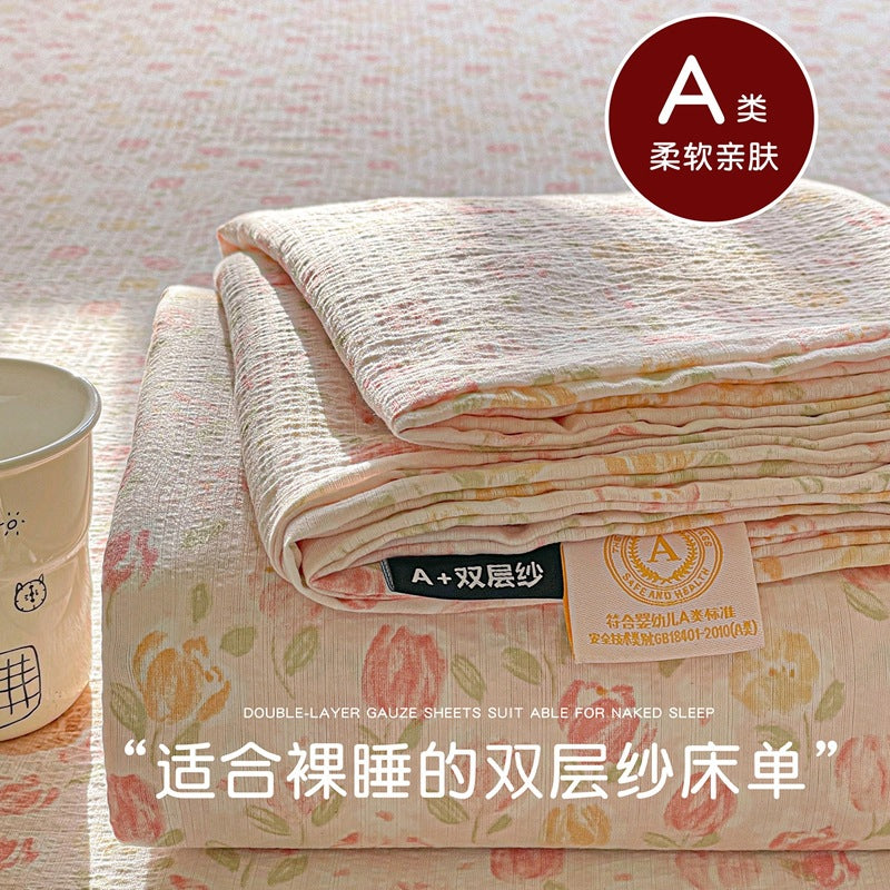 a Double-layer Gauze Bed Sheet Single Piece Fresh Style A Summer-style Naked Sleep Pillowcase Single Double Student Dormitory Three-piece Set