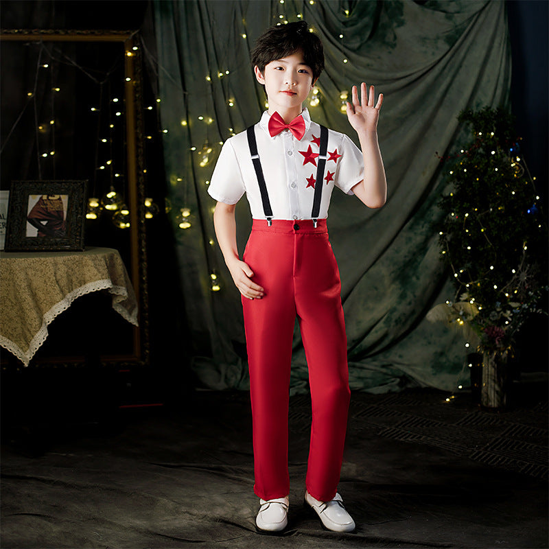 Children's Dance Costume for Children's Day, Red Theme Chorus, Poetry Recitation Performance Costume, Girls' Dress Set