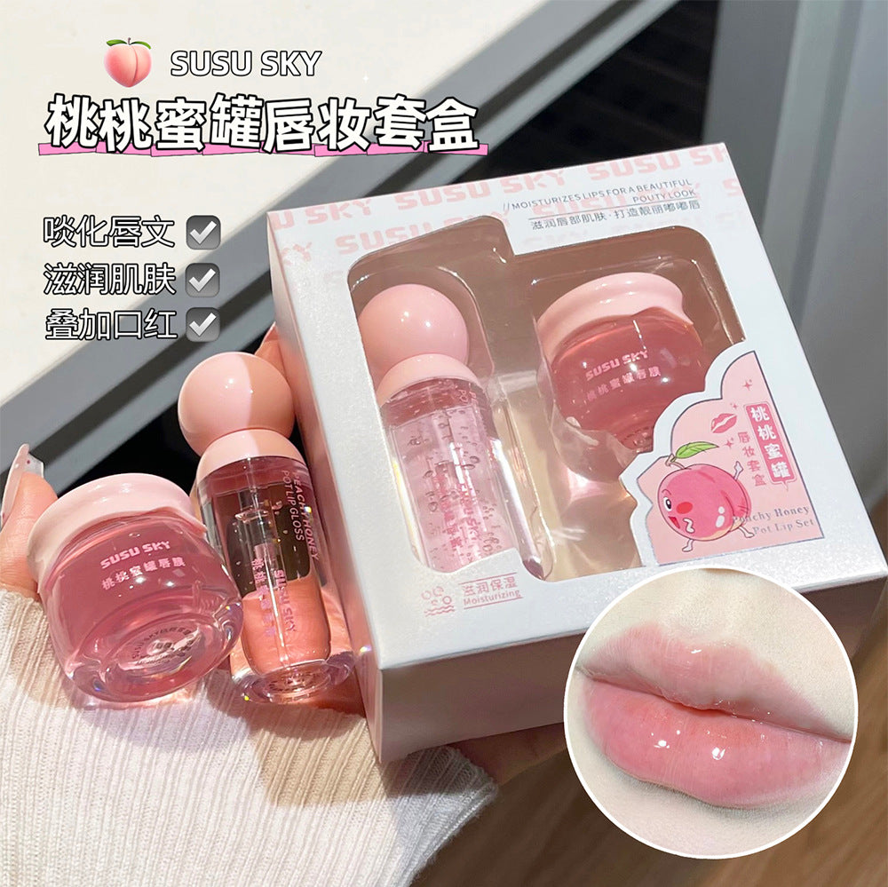 SUSU SKY Peach Honey Pot Lip Makeup Set Moisturizing Hydrating Autumn Winter Anti-Chap Exfoliating Nourishing Repair