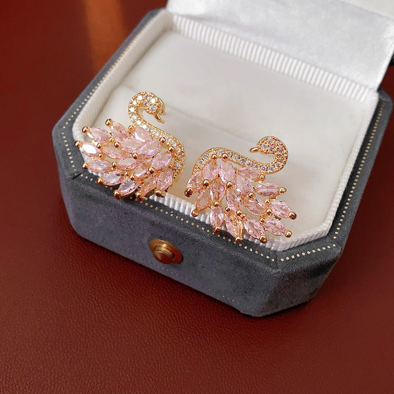Real Gold Plated Silver Needle Zircon Swan Earrings Niche Light Luxury Exquisite ins Earrings with a high-end feel versatile for women