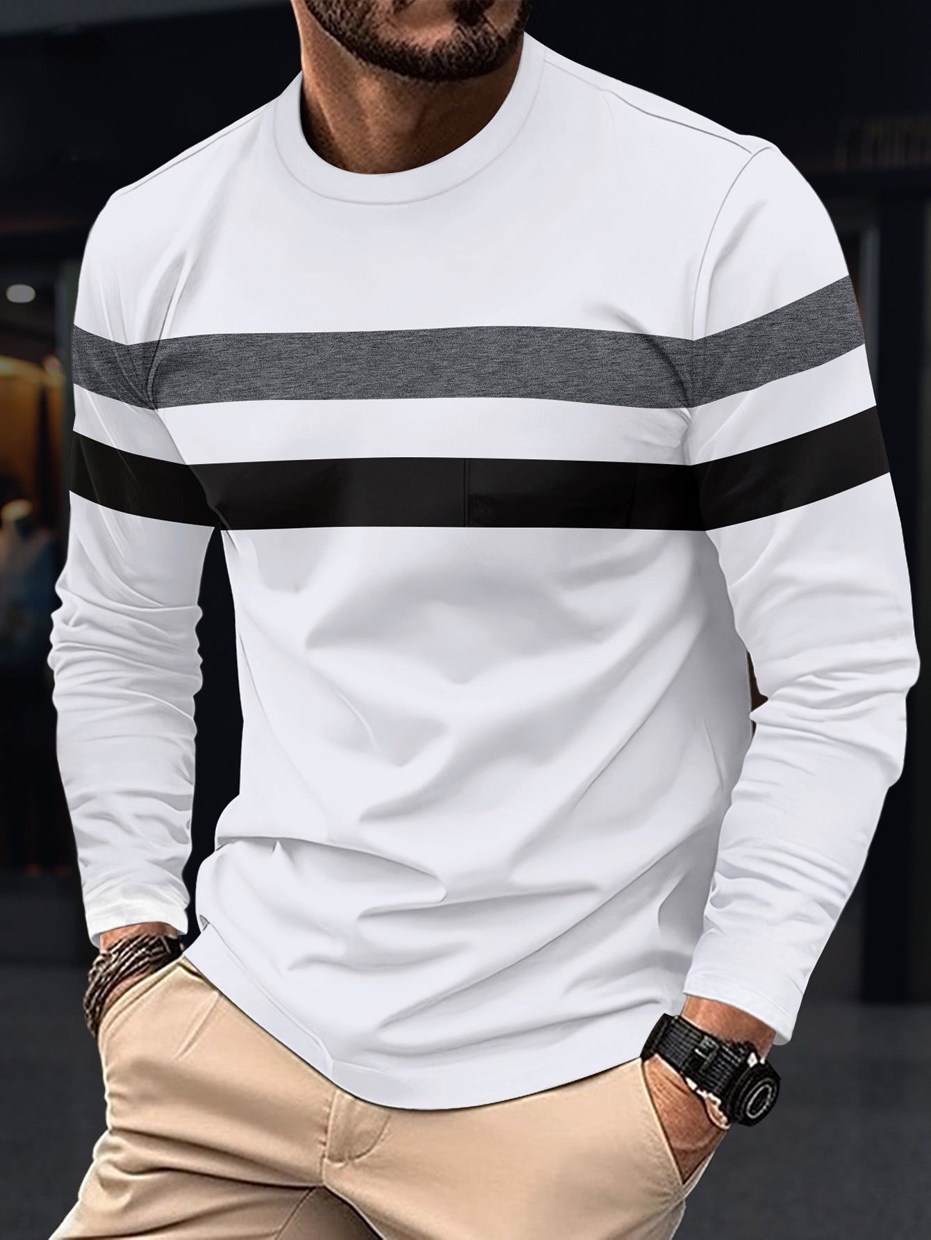 Cross-Border Trade Plus Size Autumn Winter Men's Crew Neck Long Sleeve Color Block Base Shirt Pullover Thin Long Sleeve T Men's T-shirt