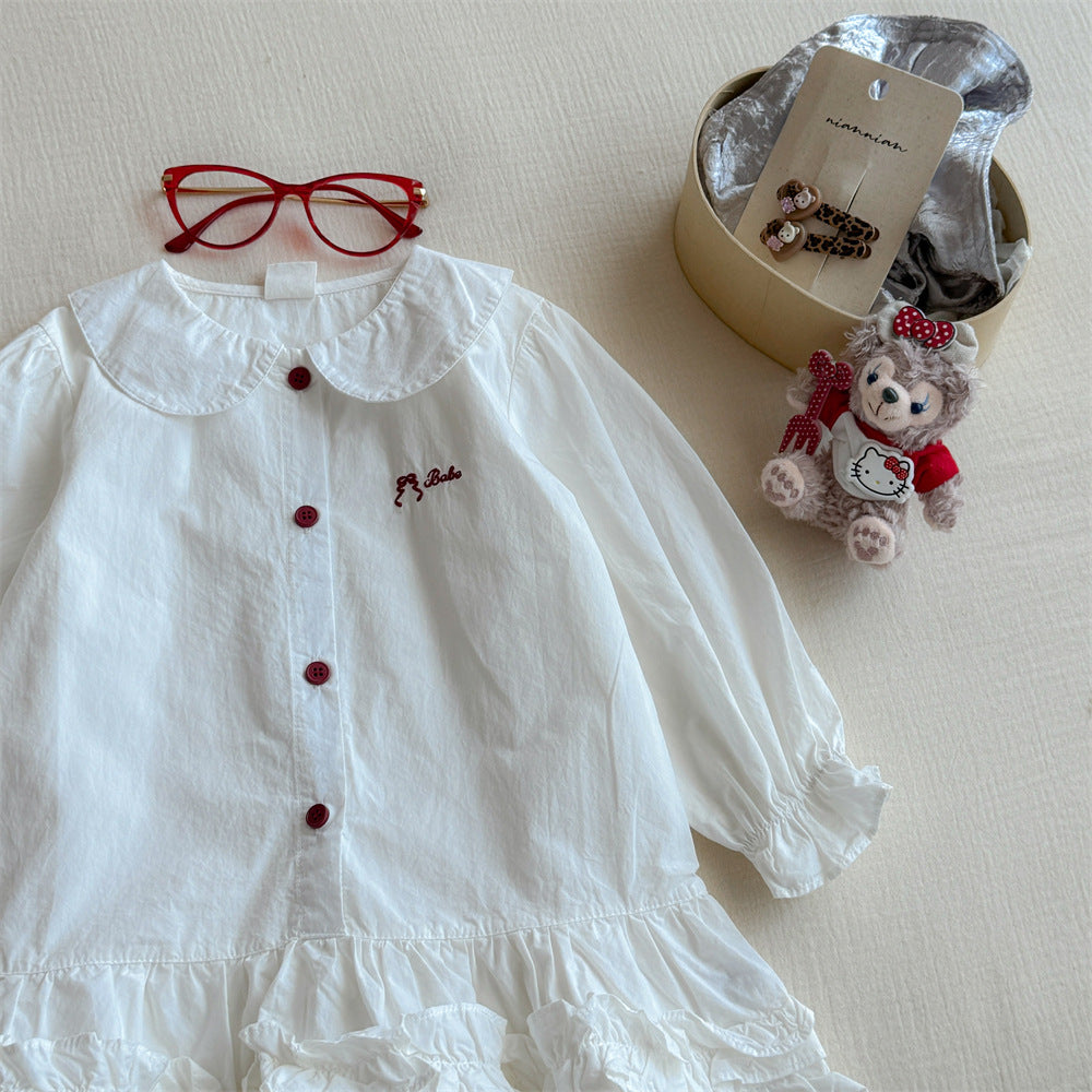 Korean Style Children's Clothing Autumn Girls' Lace Doll Collar Long Sleeve Shirt Dress Baby Base Dress Children's Princess Dress