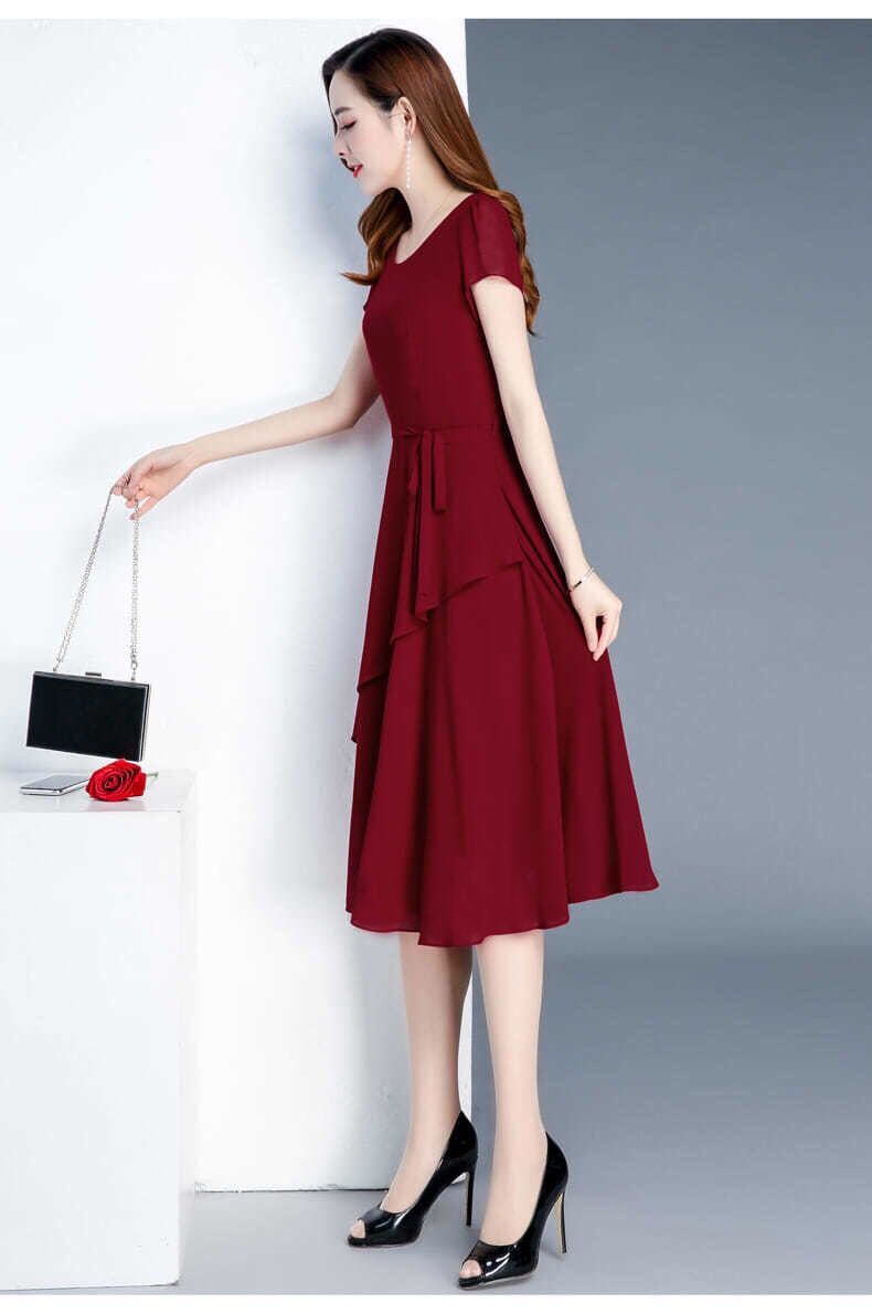 Summer New Fashionable Slimming Age-Reducing Skirt Elegant Mid-Length Style a Round Neck Plus Size Loose Women's Dress