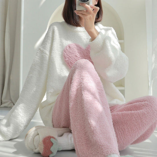 Winter New Heart Half-Fleece Pajamas for Women Loose Fit Fleece-Lined Warm Sweet Cute Style Homewear Two-Piece Set